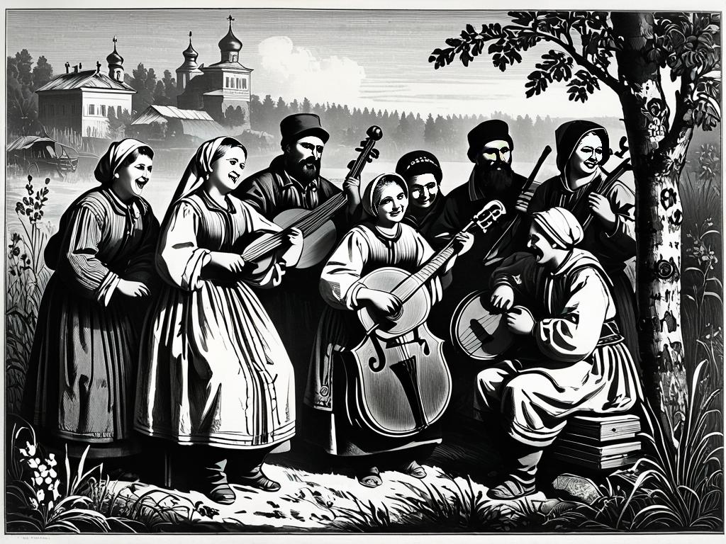 Гравюра, изображающая русских крестьян, поющих народные песни и играющих на традиционных