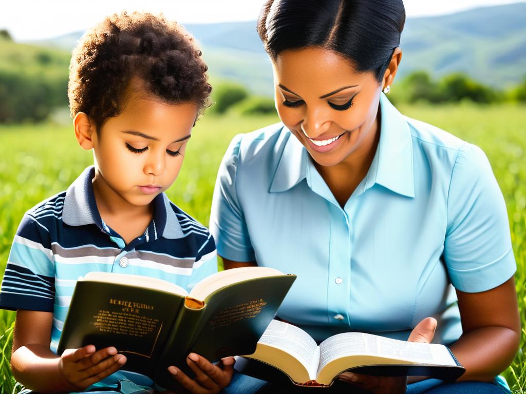 Мать и сын читают Библию для духовного наставления