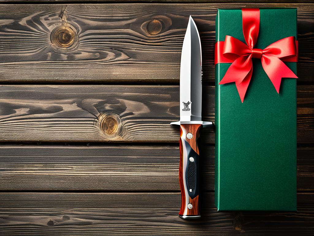 Вид сверху на подарочную коробку с охотничьим ножом, перевязанную лентой, на деревянной доске с