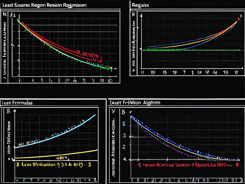 Диаграммы и формулы пошагово объясняющие алгоритм регрессии методом наименьших квадратов