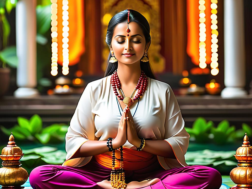 Женщина медитирует с четками, повторяя мантру Лакшми для привлечения достатка
