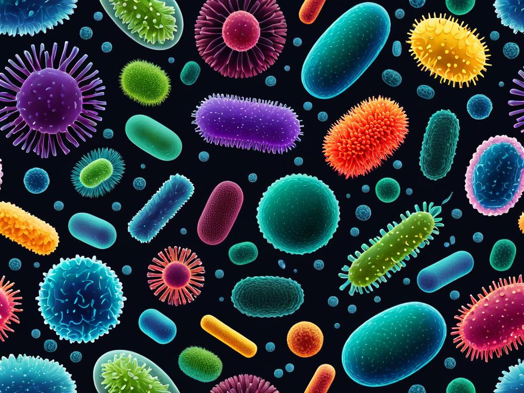 Разноцветные разнообразные микробы и клетки бактерий на темном фоне