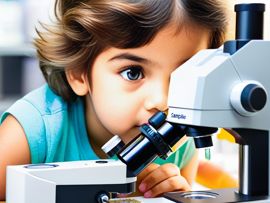 Ребенок смотрит в микроскоп на образец микроорганизмов