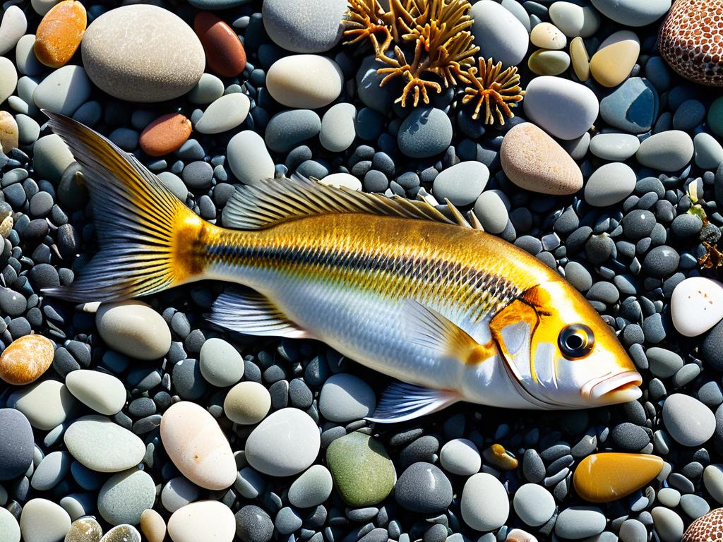 Фото мертвой рыбы на дне среди камешков и водорослей