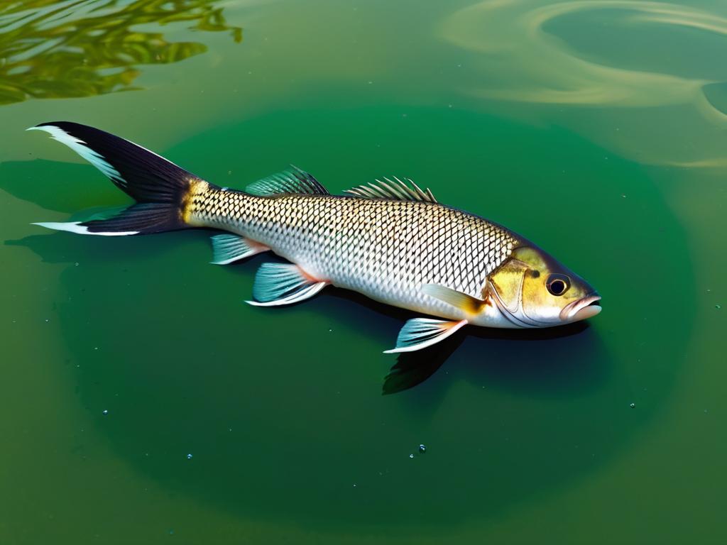 Мертвая рыба плавает на поверхности мутной зеленой воды