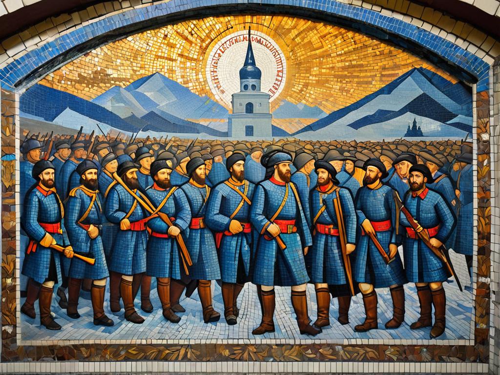 Мозаика с изображением участников восстания декабристов на стене станции метро Отрадное в стиле