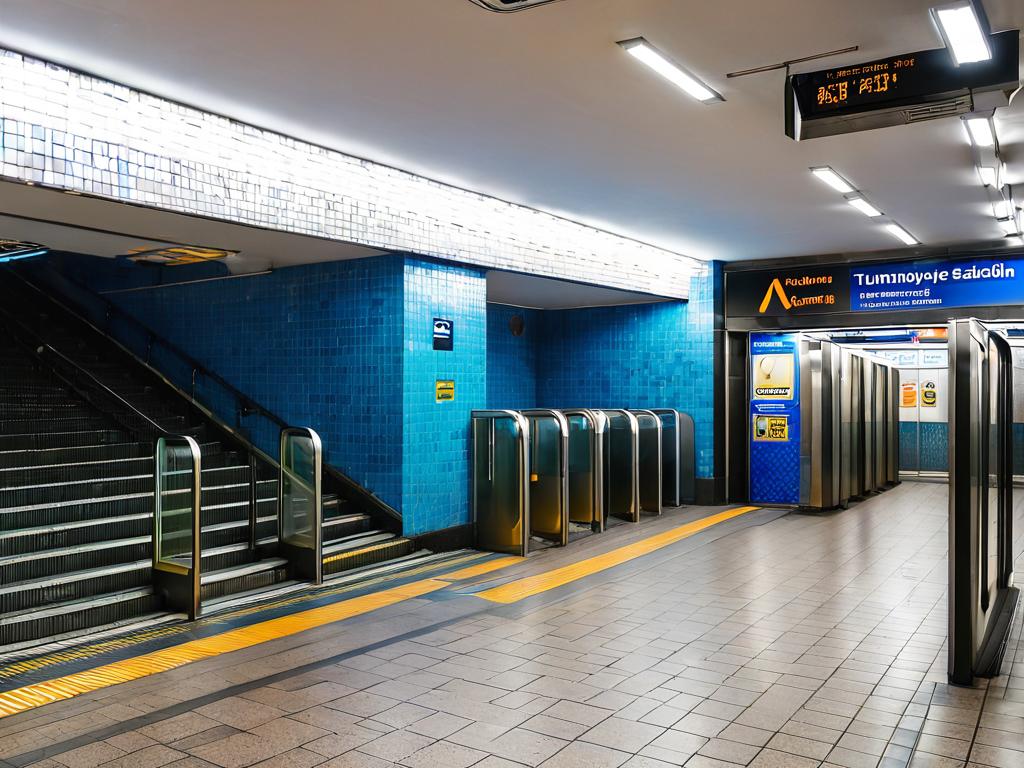Подземный вестибюль станции метро Отрадное с турникетами и эскалатором на платформу