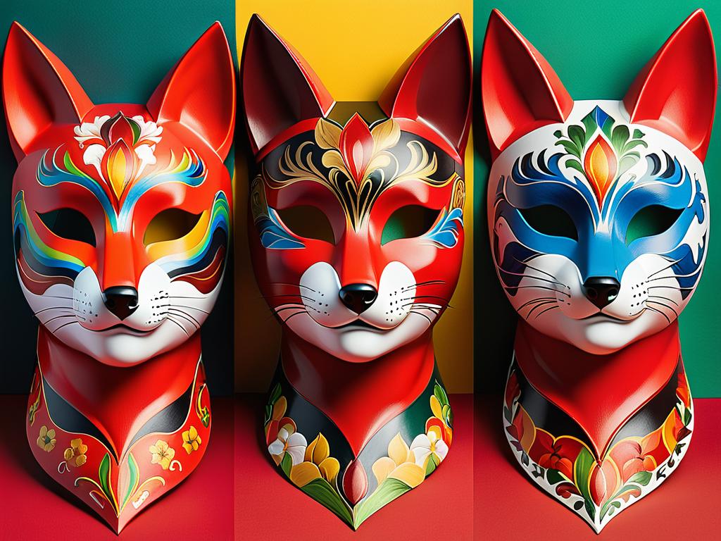 Три варианта маски лисы - красная, радужная, хохломская