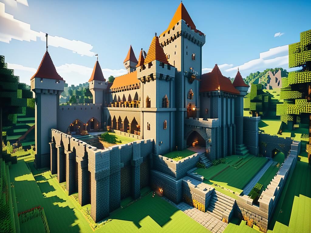 Два игрока сотрудничают в постройке средневекового замка на мультиплеерном сервере Майнкрафта