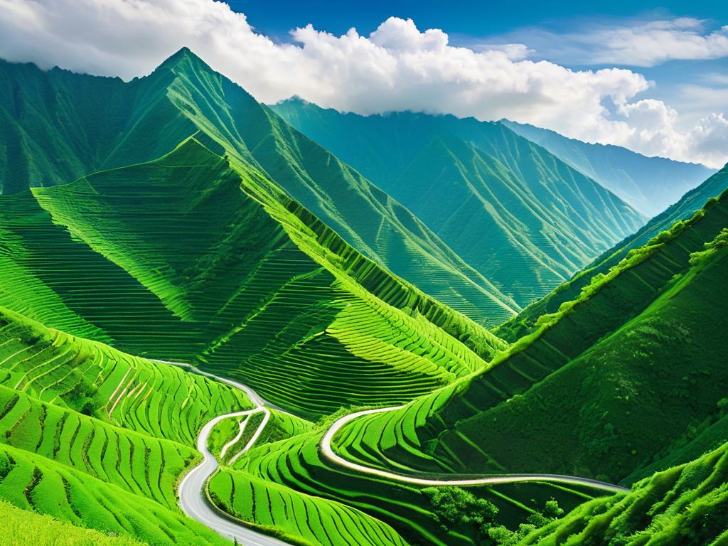 Извилистая горная дорога зигзагом спускается в зеленую долину между гор