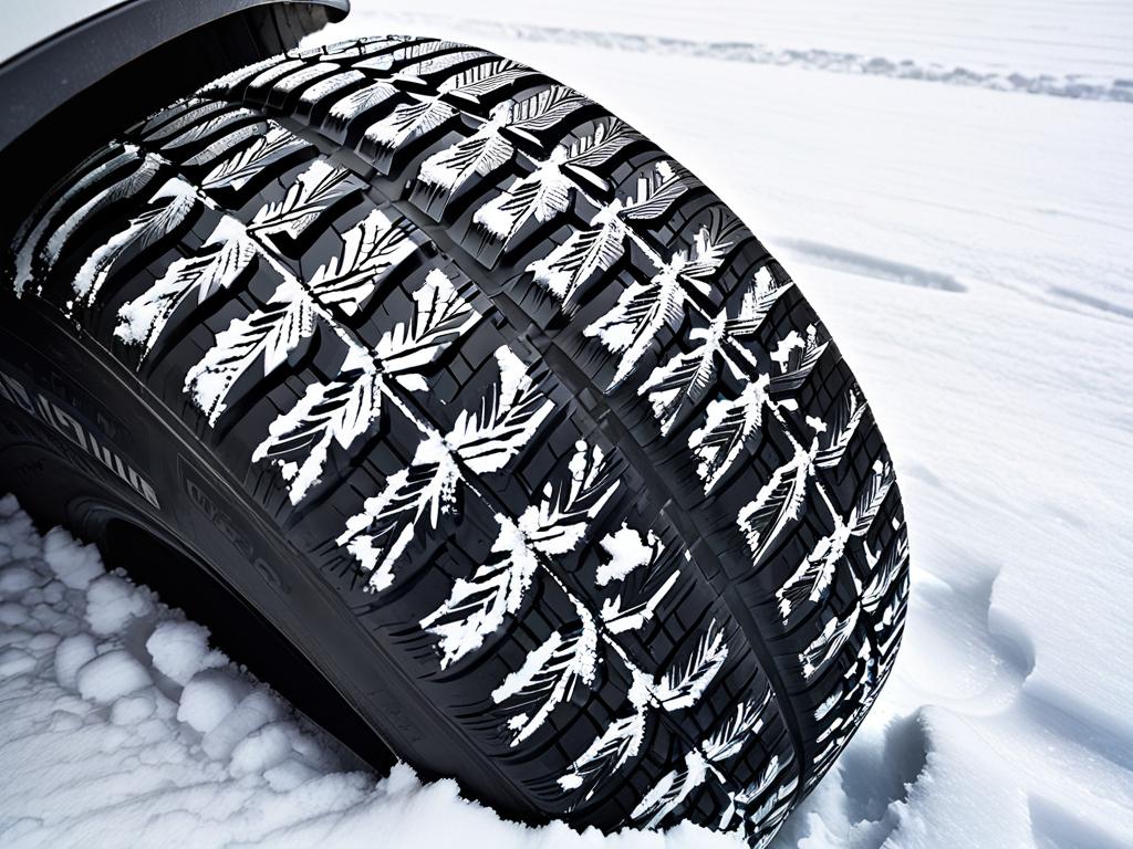 Рисунок протектора зимней шины на снегу, иллюстрирующий критерии сцепления и безопасности при выборе