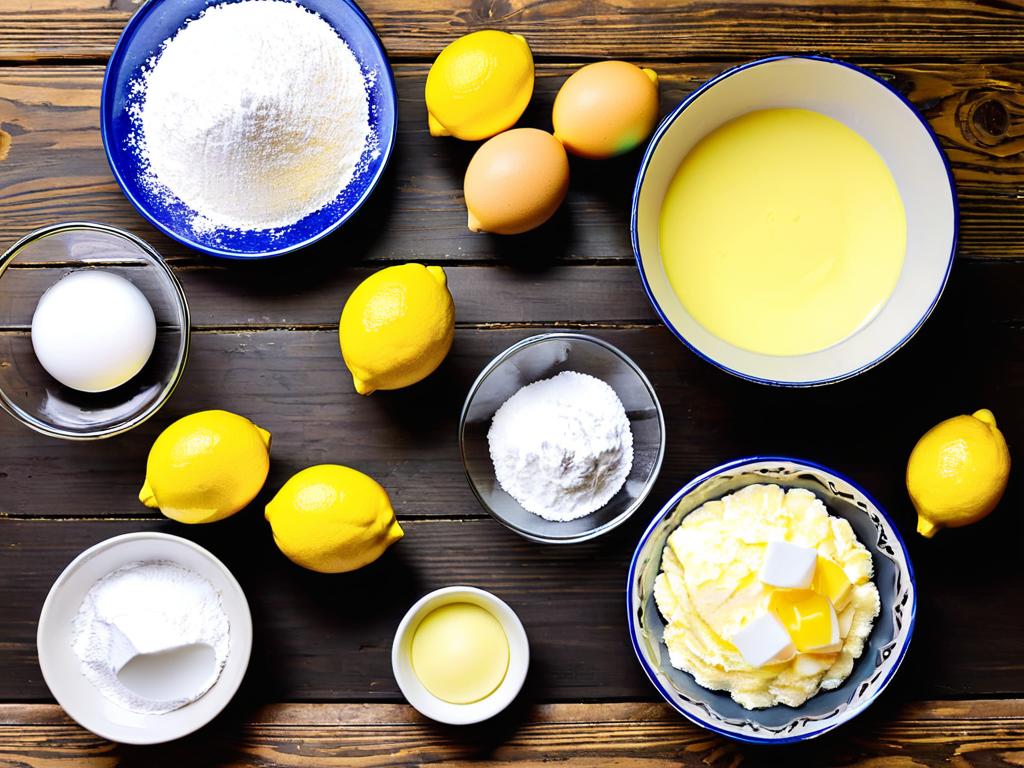 Фото ингредиентов для приготовления лимонного тарта, разложенных на деревянном столе. Это яйца,