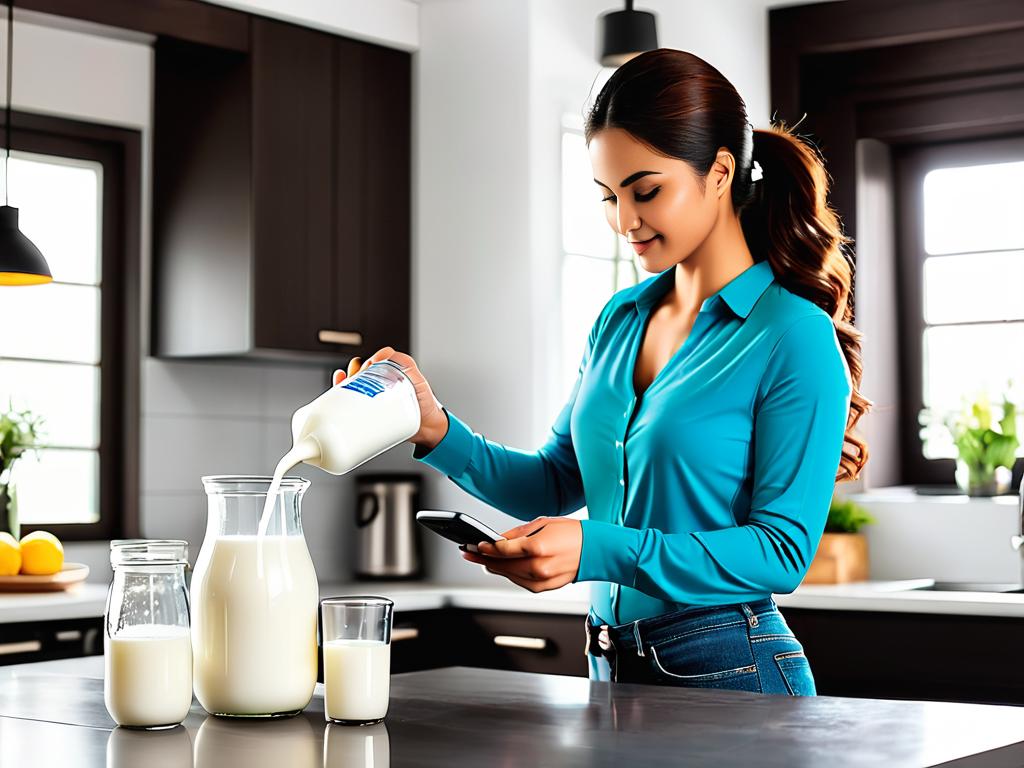 Женщина переливает молоко чтобы посчитать вес