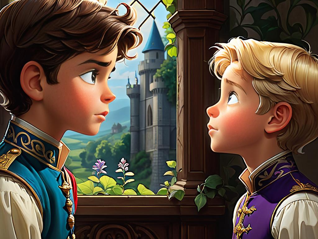 Иллюстрация из книги: нищий мальчик и принц смотрят друг на друга с изумлением