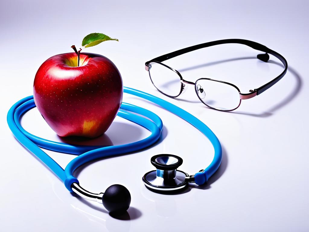 Красное яблоко в очках и со стетоскопом. Концепция здорового питания