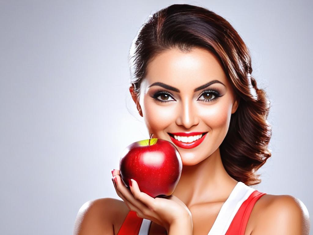 Женщина держит красное яблоко. Концепция здорового образа жизни и питания