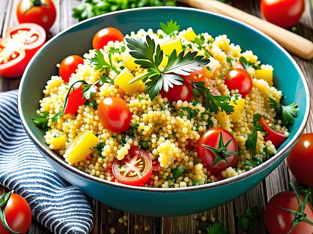 Близкий план салата с кускусом, помидорами и петрушкой в миске на деревянном фоне