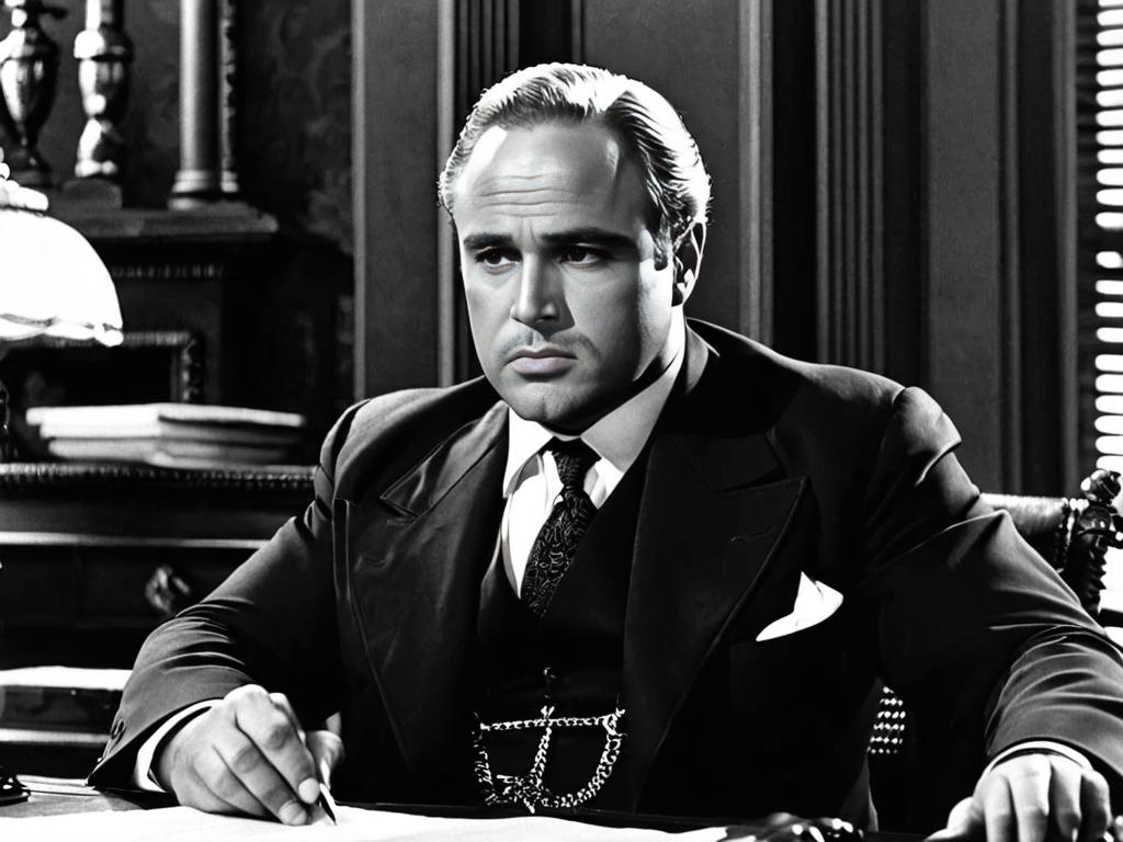 Черно-белая фотография Марлона Брандо в роли Вито Корлеоне