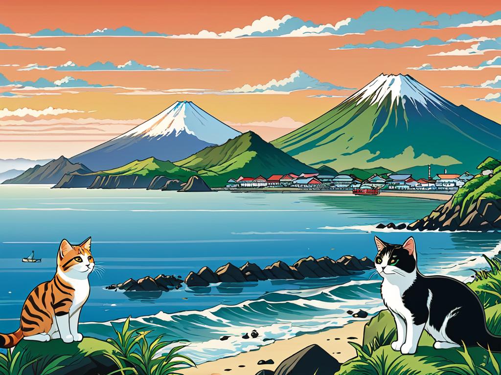 Курильские острова и кошки в традиционной японской графике