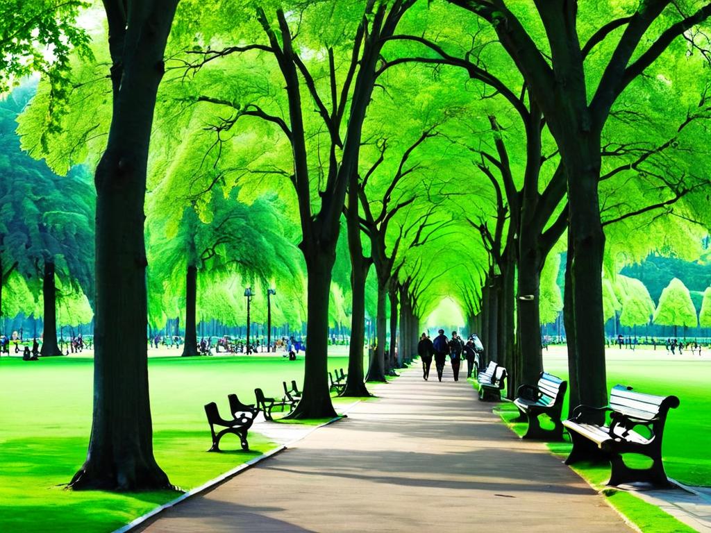 Люди гуляют по парку с высокими зелеными деревьями и скамейками