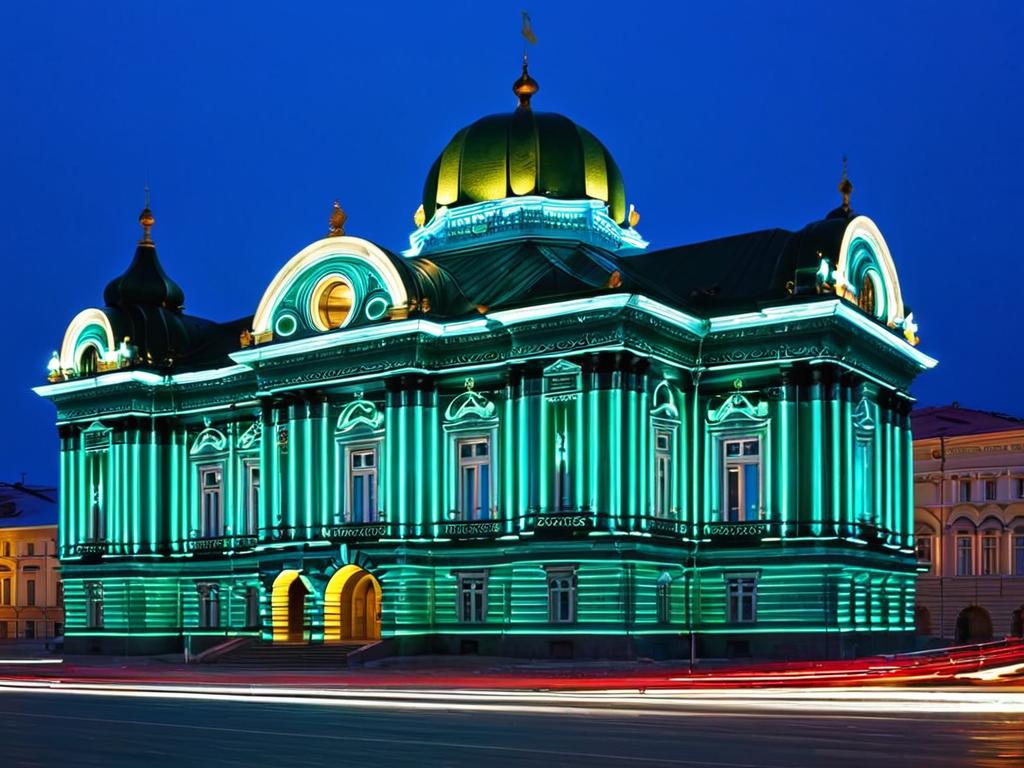 Украшенное историческое здание Красноярского краевого музея ночью