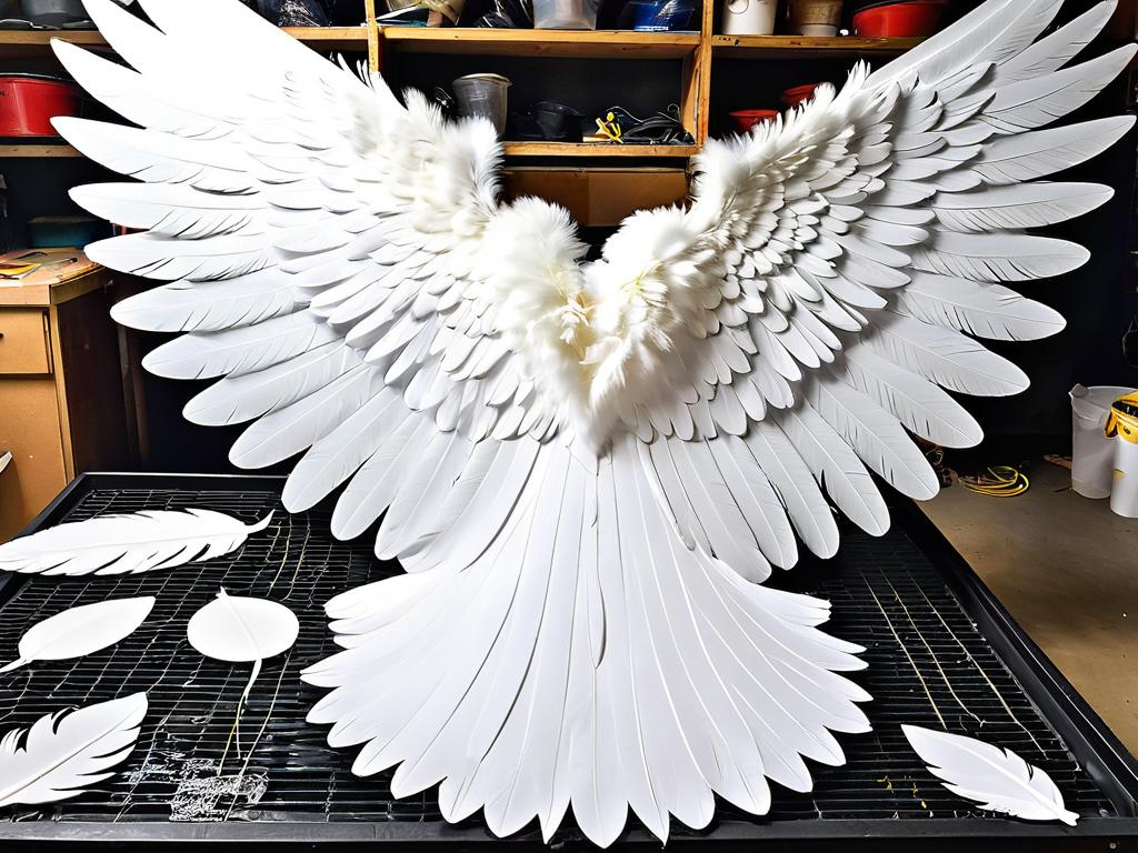 Белые перья приклеены рядами на пластиковые выкройки крыльев, прикреплены резинками, готовы для
