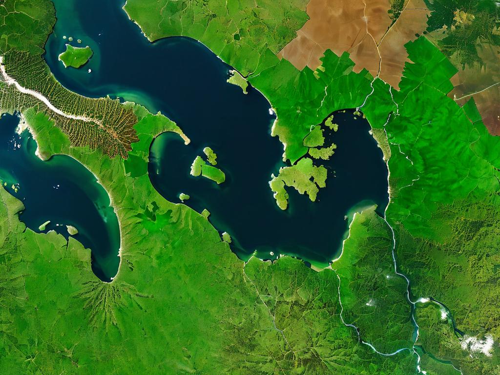 Спутниковый снимок озера Виктория и окружающей суши, зеленые и коричневые участки