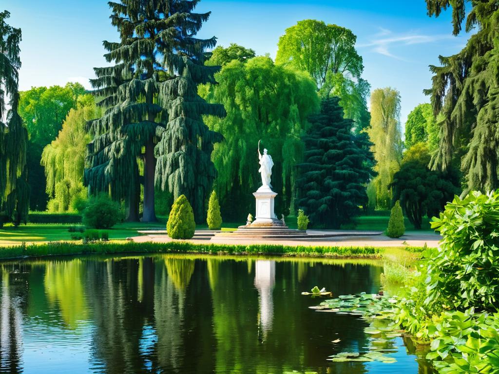 Фотография живописного пруда в парке дворца с виднеющейся на заднем плане статуей и колоннами. Пруд
