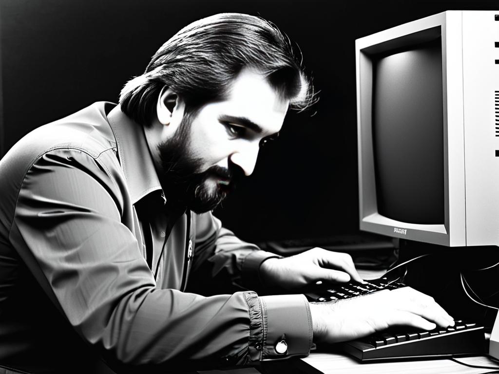 Черно-белая фотография изобретателя Тетриса Алексея Пажитнова за работой на компьютере