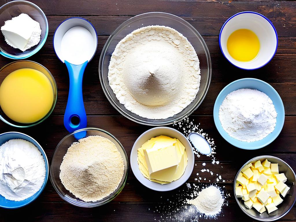 Фото всех ингредиентов для песочного теста аккуратно разложенных на столе - мука, сахар, масло,