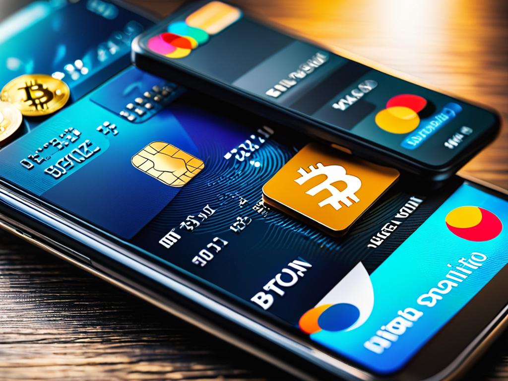 Цифровой кошелек финансовых технологий с биткоином, кредитными картами крупным планом на фоне