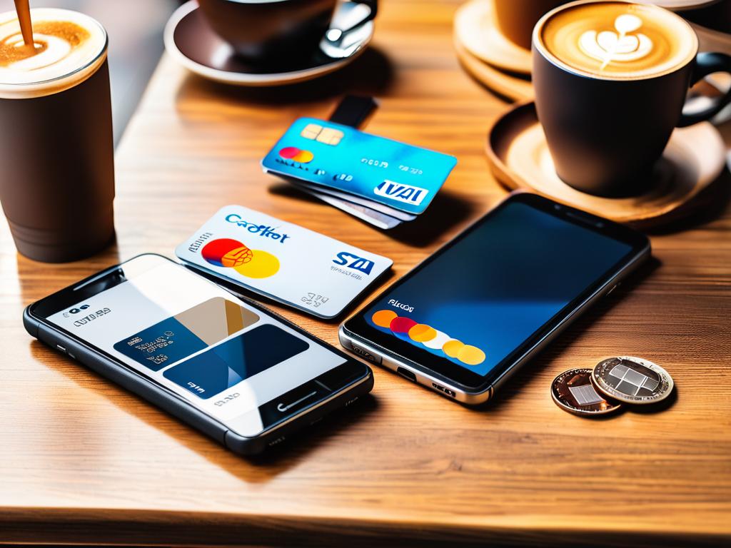 Вид сверху на смартфон, кредитные карты и монеты, стоящие на столе с размытым фоном кофейни