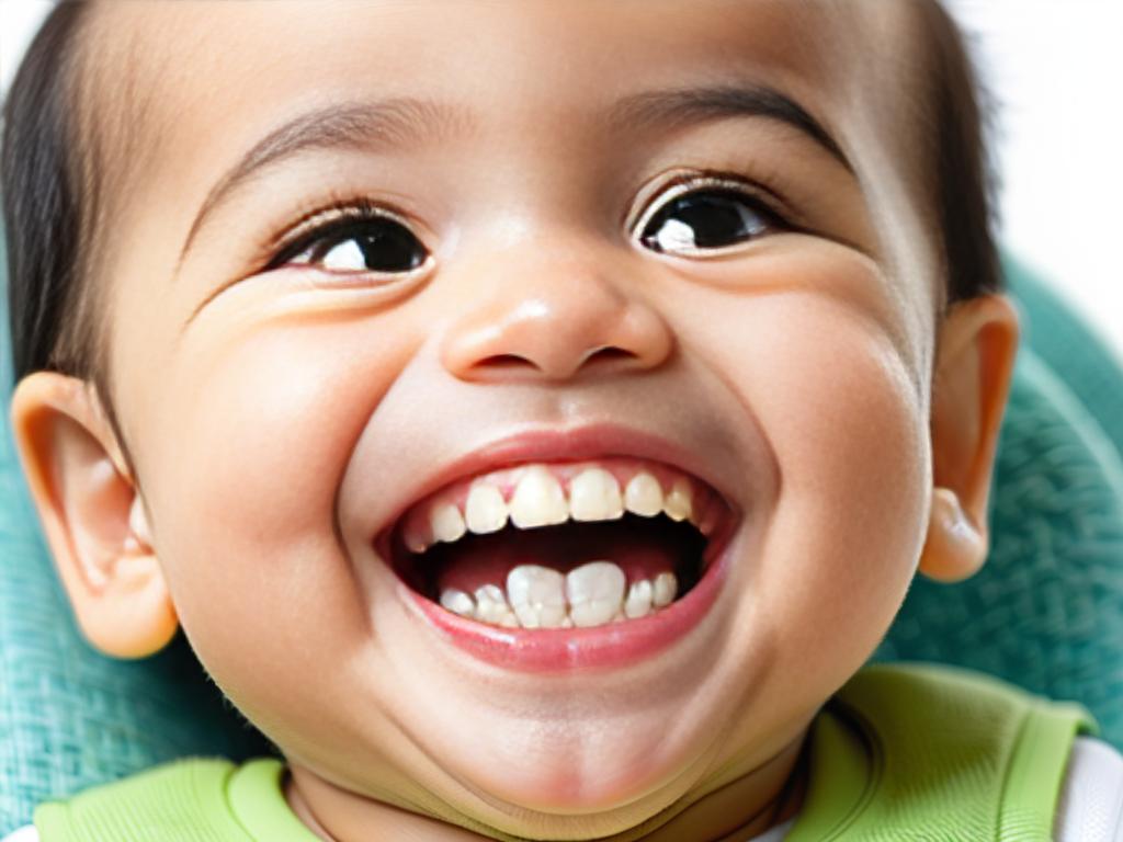 Малыш с первым прорезывающимся зубом радостно улыбается