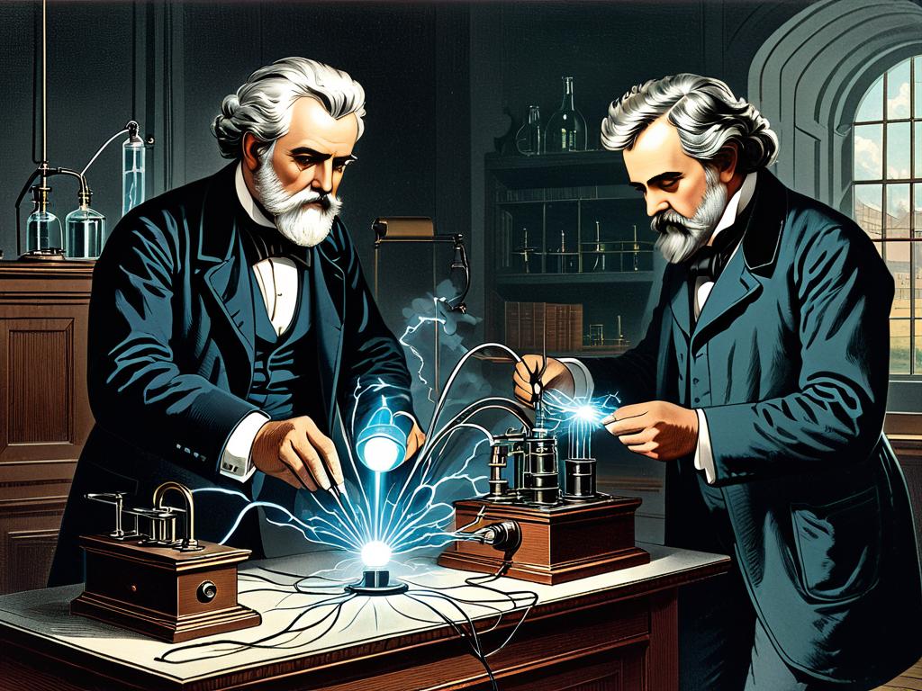 Старинные иллюстрации, изображающие ученых XIX века, экспериментирующих с электричеством и