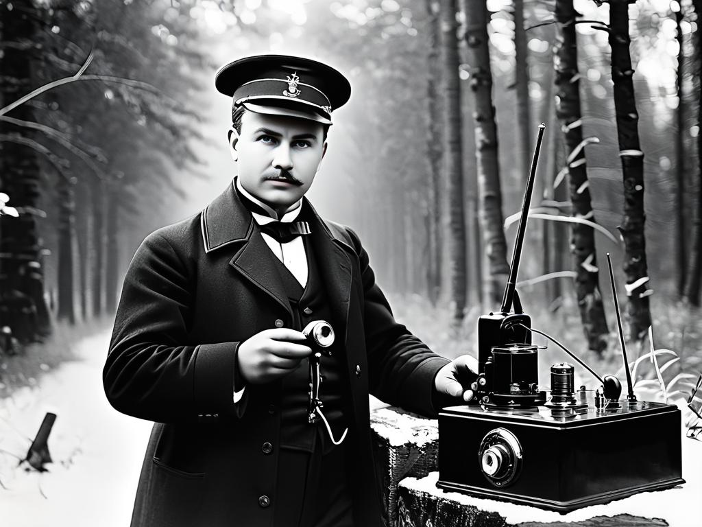 Черно-белая фотография Александра Попова с одним из первых созданных им радиоприемников