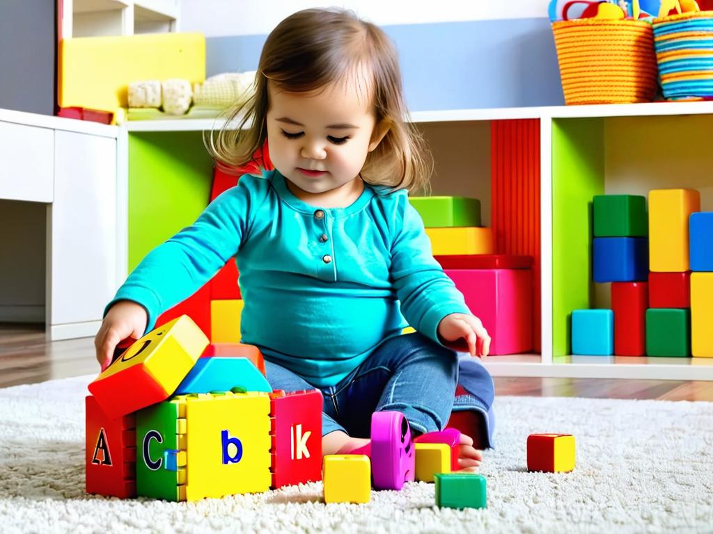 Девочка-дошколенок играет с кубиками с буквами, сидя на полу дома