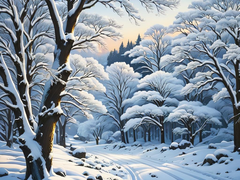 Детальное изображение снега и деревьев на картине «Зима»