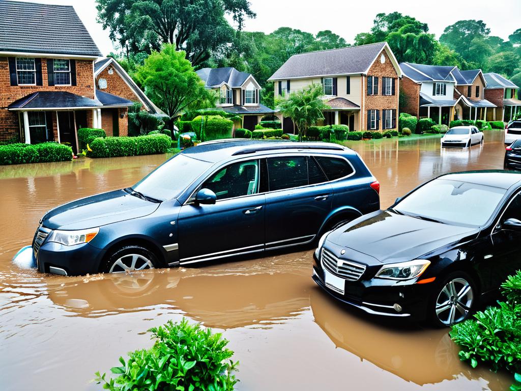 Затопленные дома и машины после сильного дождя или урагана демонстрируют масштабы разрушений
