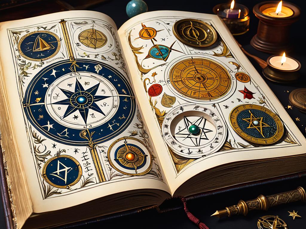 Открытая книга с алхимическими и астрологическими символами на страницах