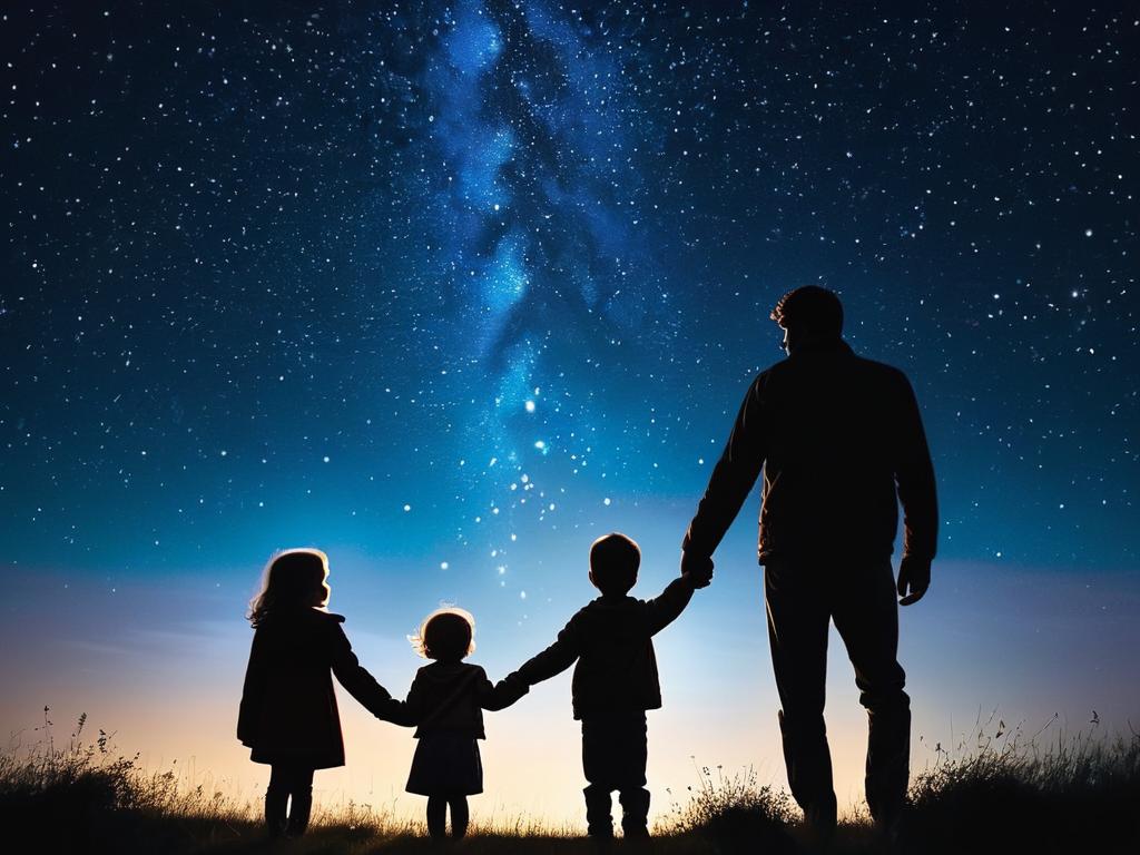 Силуэты мужчины, женщины и ребенка, держащиеся за руки и смотрящие на звездное ночное небо