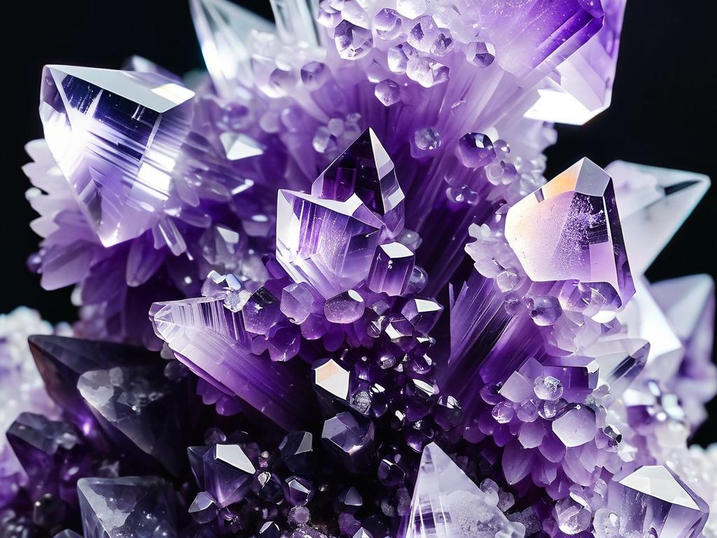 Макросъемка светящегося гроздьевидного аметистового кристалла с мелкими кварцевыми кристаллами