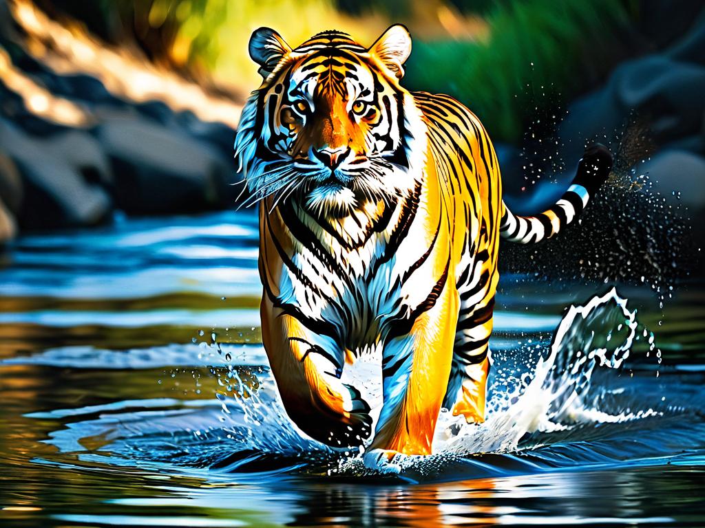 Тигр гордо идет по воде, символизируя уверенность в себе и целеустремленность