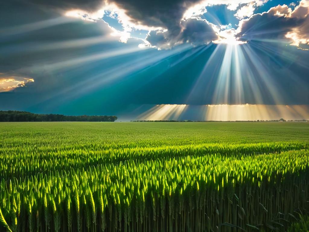 Лучи солнца, пробивающиеся сквозь облака на поле пшеницы