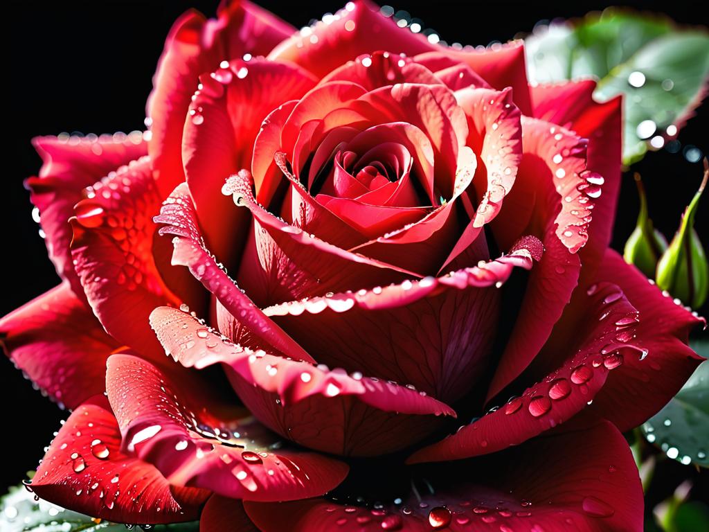 Крупный кадр красной розы с капельками воды