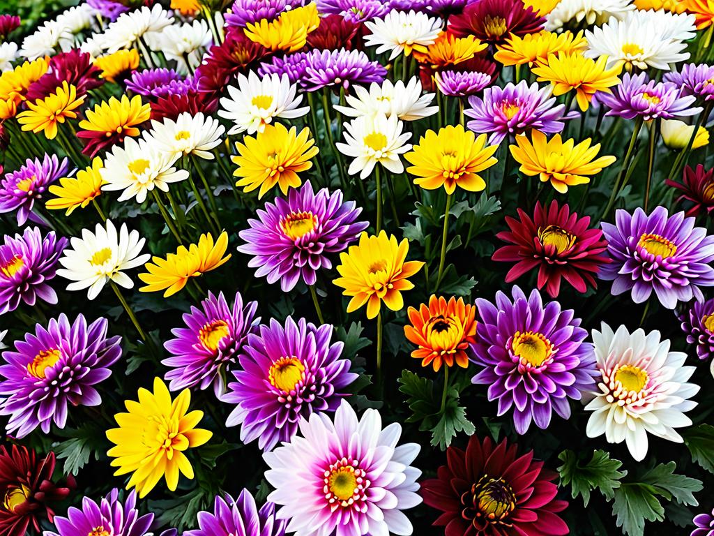 Красочный букет хризантем разных цветов - фиолетовых, желтых, оранжевых, розовых, красных, белых