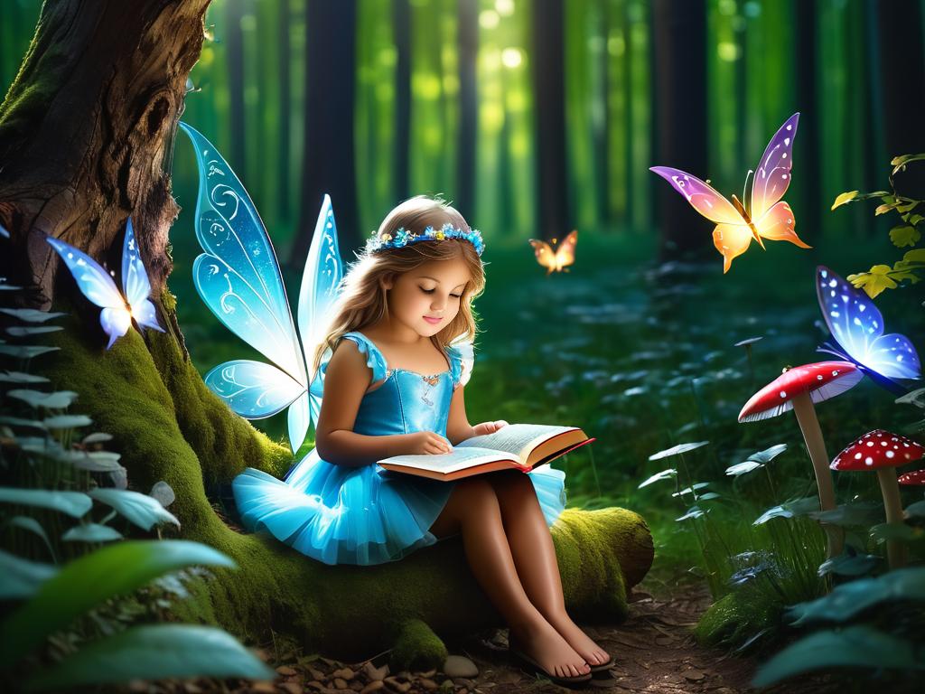 Девочка читает книгу сказок, сидя в волшебном лесу. Концепция воображения