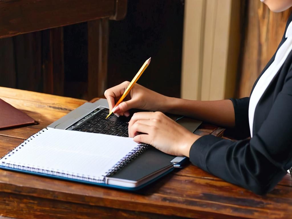 Женщина печатает на ноутбуке, рядом лежат карандаш и блокнот