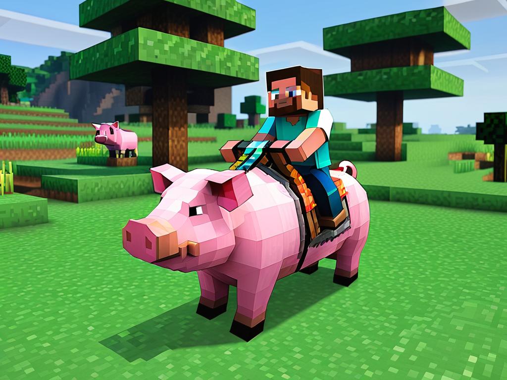 Игрок управляет свиньей в Майнкрафт после того, как надел на нее седло