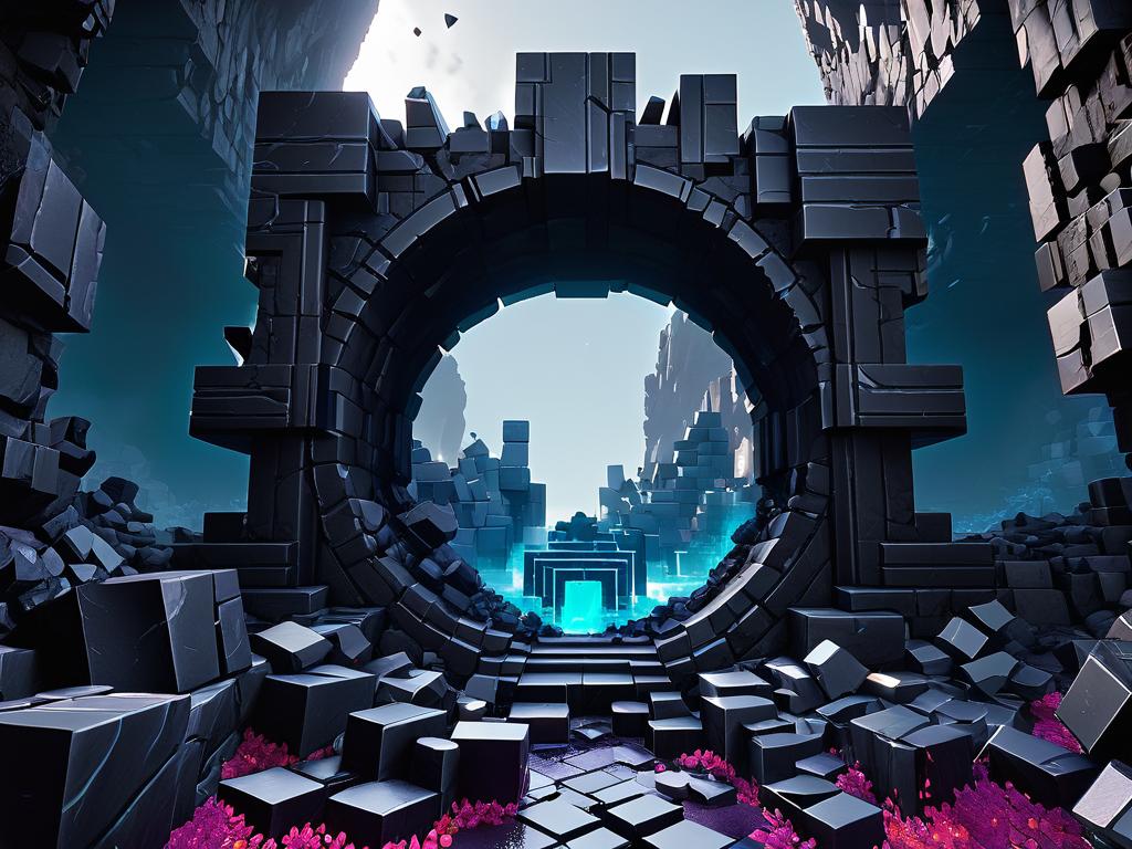 Разрушенный портал из блоков обсидиана, сгенерированный на поверхности основного мира в Майнкрафт