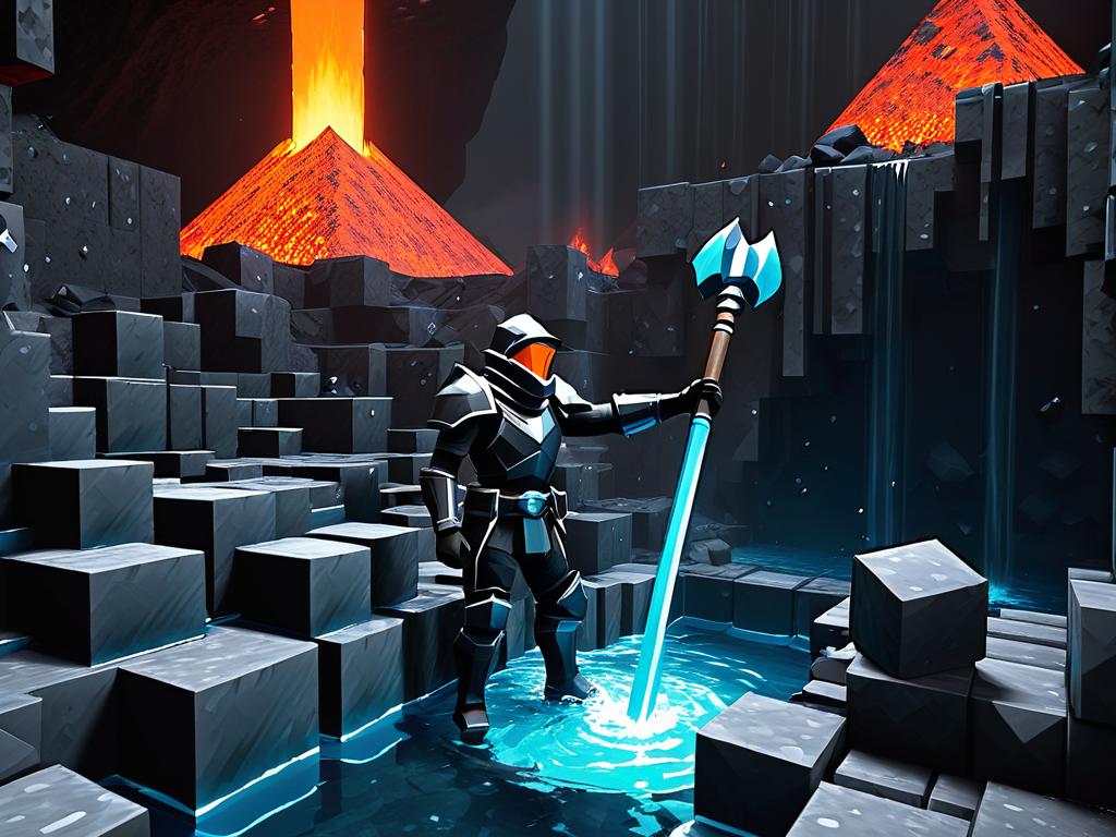 Игрок в полном алмазном доспехе добывает блоки обсидиана алмазной киркой из подземного бассейна